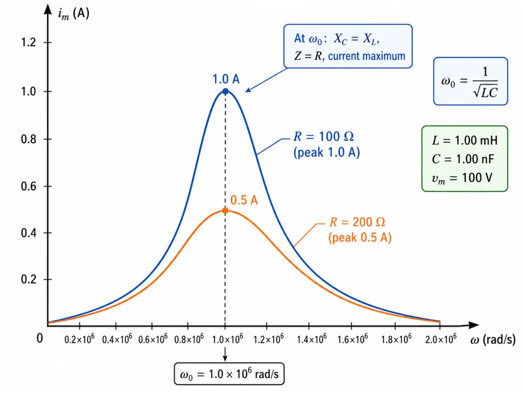 Current amplitude versus frequency for two resistances showing the resonance peak