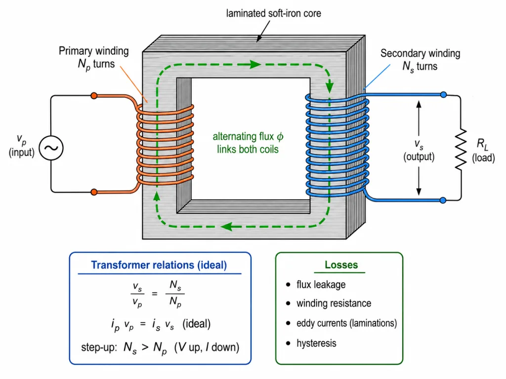 Transformer core with primary and secondary windings and the turns ratio relations