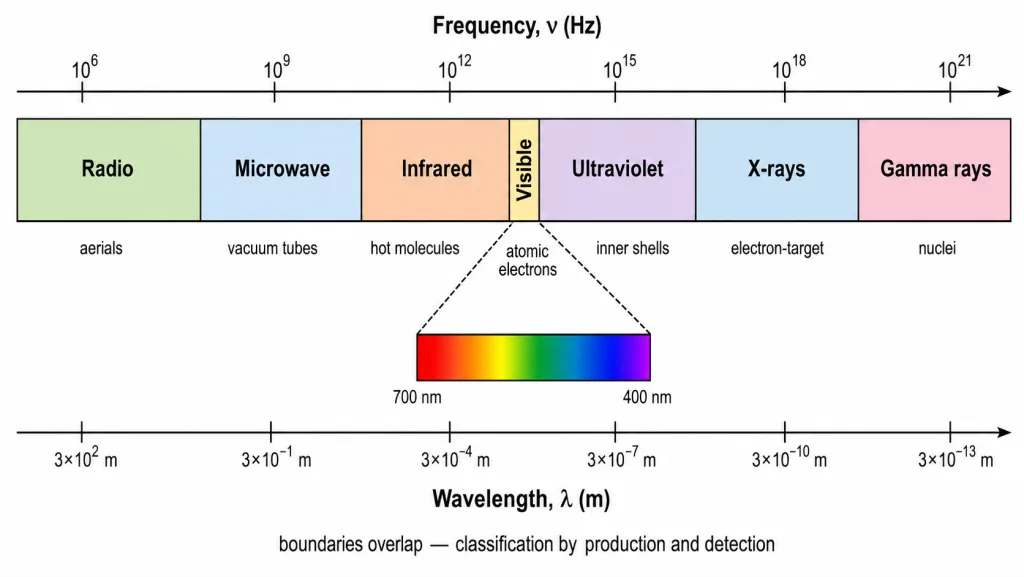 Electromagnetic spectrum from radio waves to gamma rays with wavelengths and frequencies
