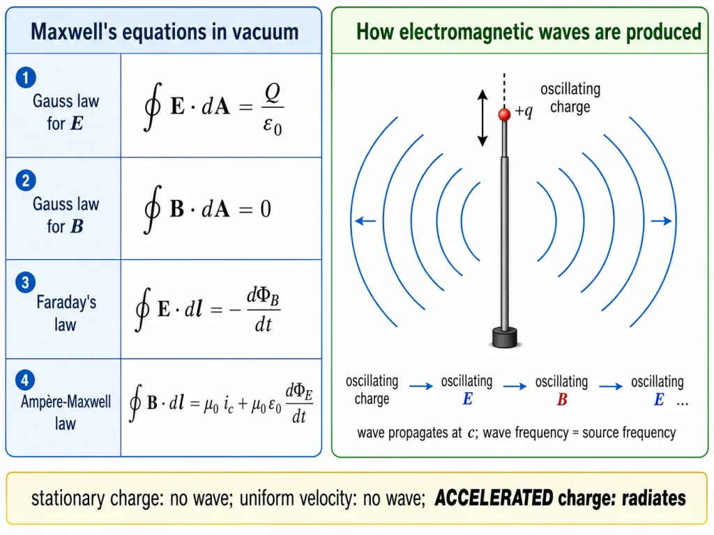 Maxwell equations panel with oscillating charge radiating an electromagnetic wave