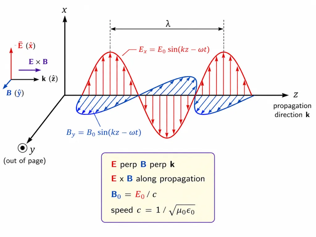Plane electromagnetic wave with perpendicular E and B fields along propagation