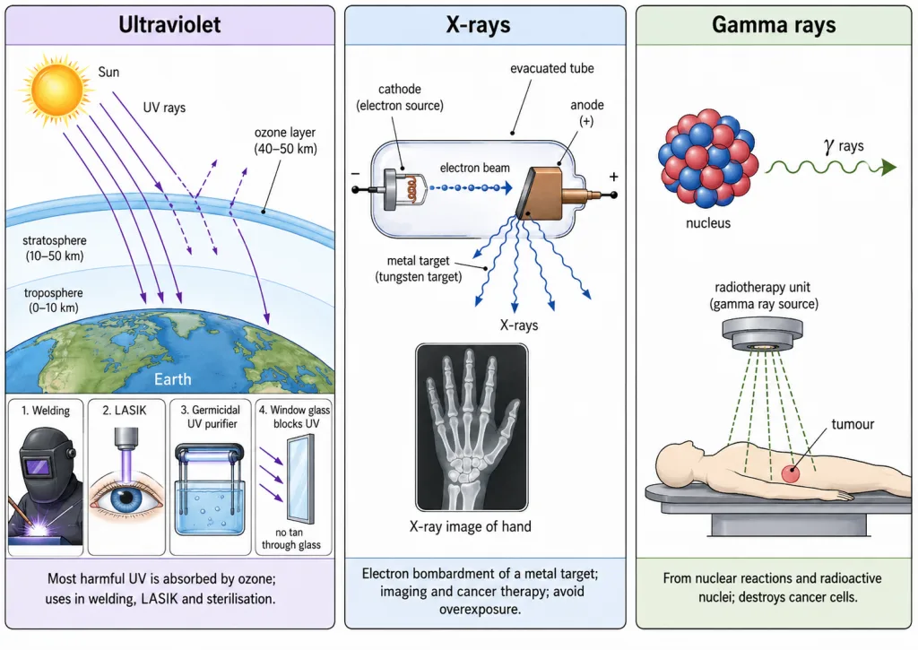 Short wavelength bands with sources shields and medical applications