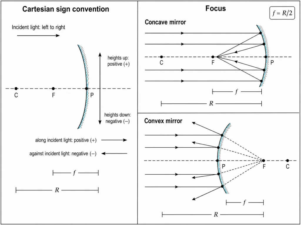 Cartesian sign convention and focus of concave and convex mirrors