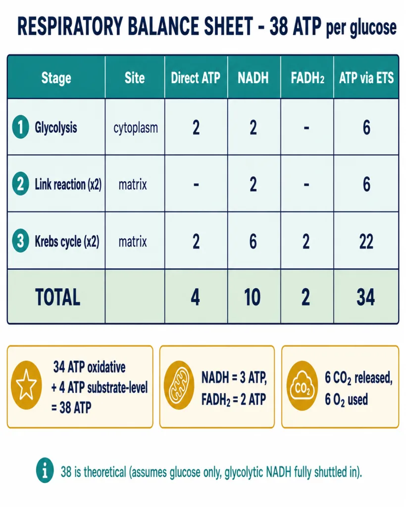 ATP tally per glucose: glycolysis, link reaction, Krebs and ETS summing to 38 ATP