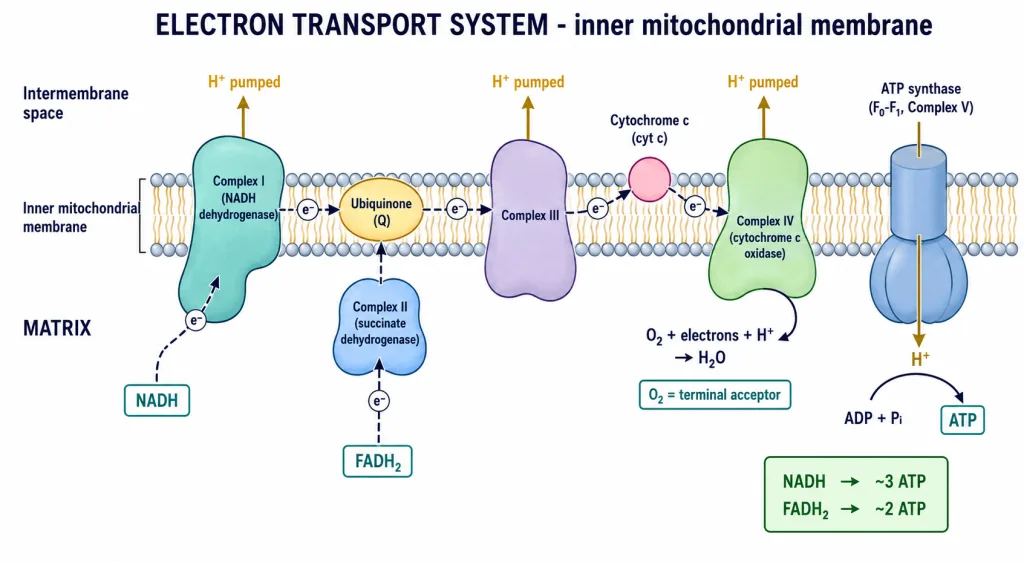 ETS on inner membrane: NADH and FADH2 to O2, proton gradient drives ATP synthase