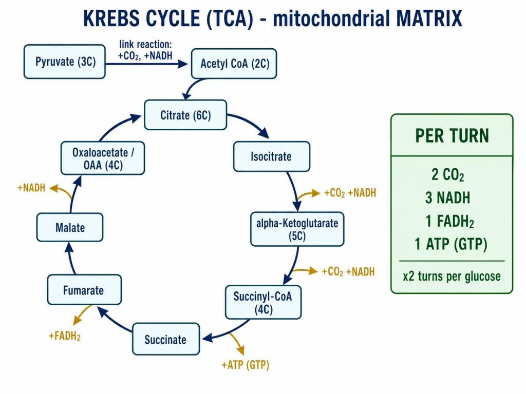 Krebs cycle in matrix: acetyl CoA and OAA form citrate, releasing CO2, NADH, ATP
