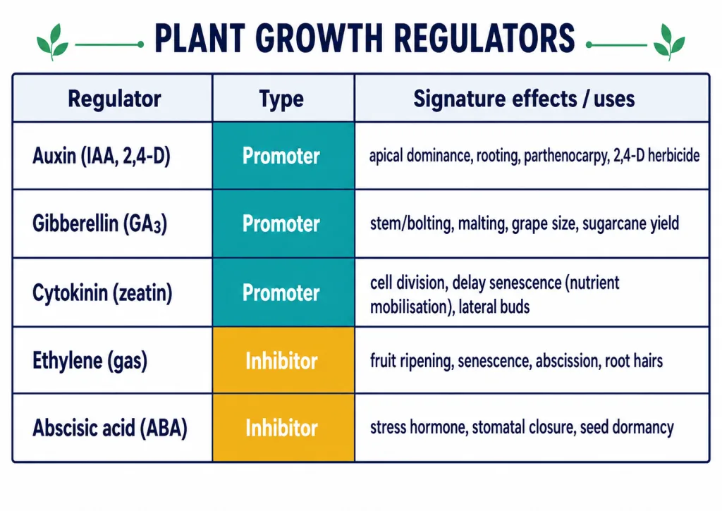 The five plant growth regulators with their main effects and applications