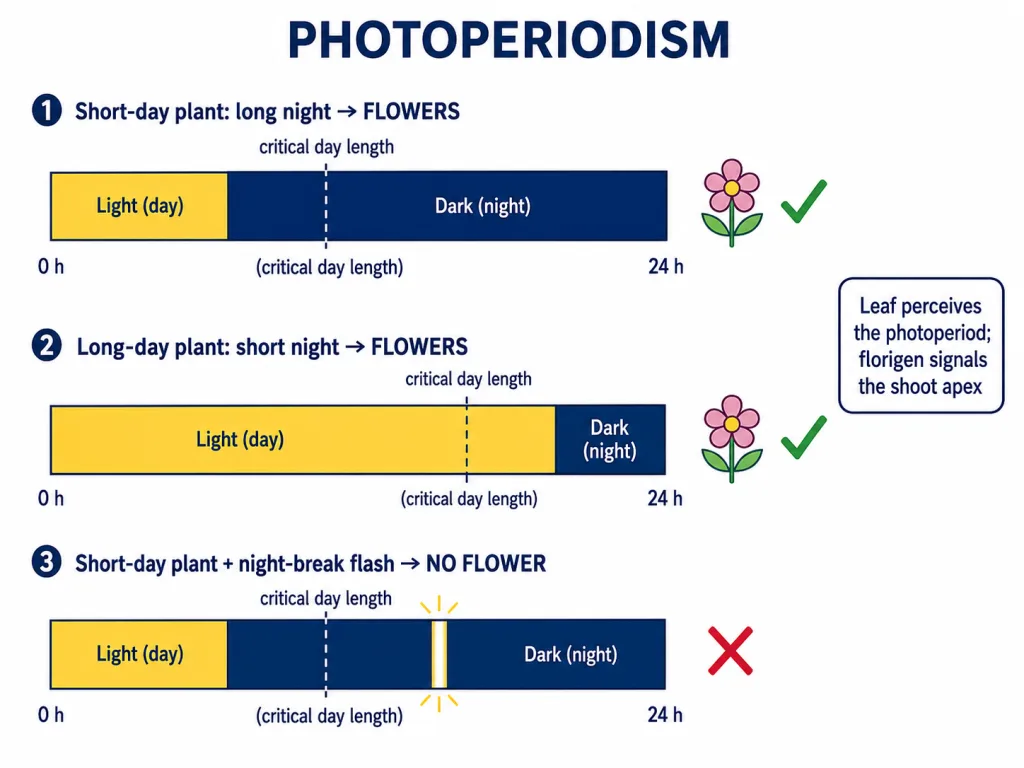Short-day plants flower with long nights; a night-break flash of light prevents their flowering
