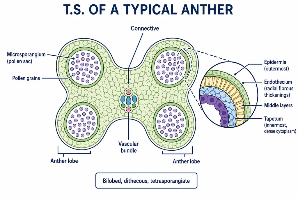 Transverse section of bilobed anther showing four microsporangia and wall layers