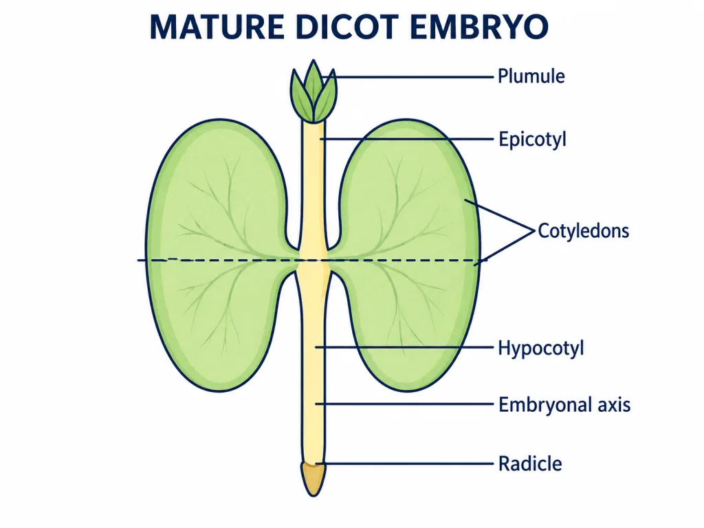 Mature dicot embryo showing epicotyl, hypocotyl, radicle, plumule and two cotyledons