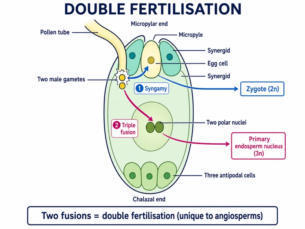 Double fertilisation showing syngamy forming zygote and triple fusion forming endosperm nucleus