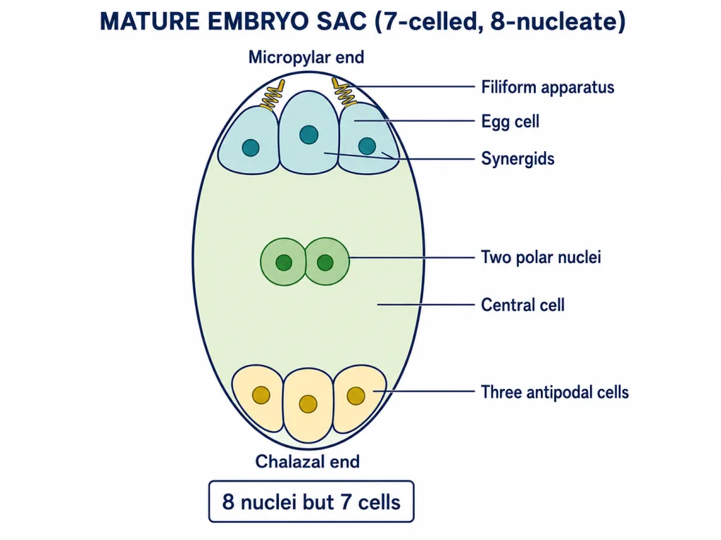 Mature Polygonum-type embryo sac showing egg apparatus, central cell and antipodals
