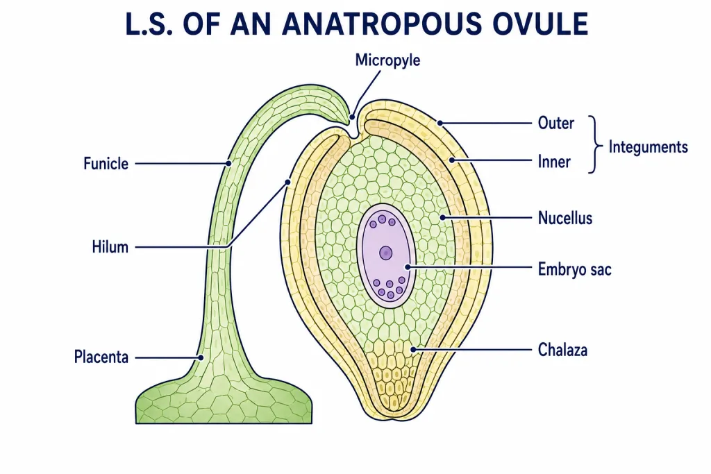 Longitudinal section of anatropous ovule showing funicle, hilum, integuments, micropyle, nucellus and chalaza