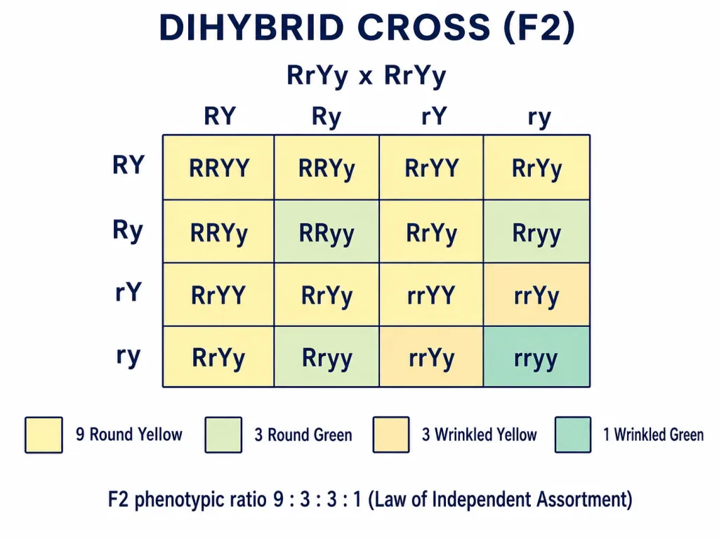Dihybrid cross F2 Punnett square giving 9:3:3:1 phenotypic ratio