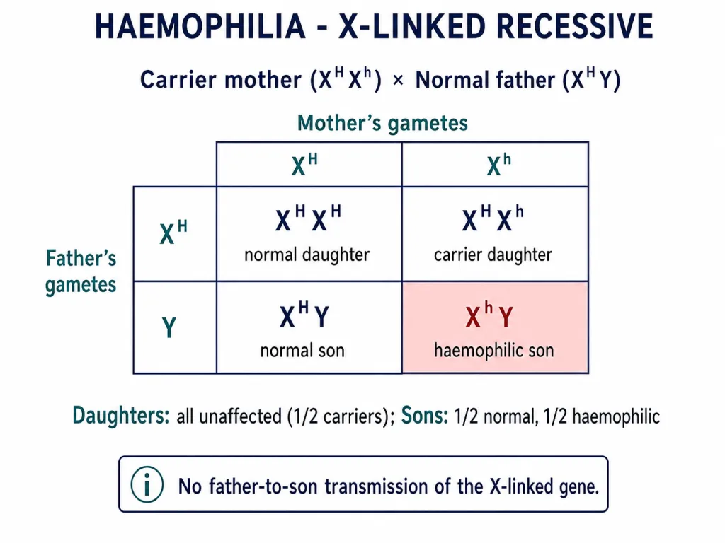 X-linked recessive inheritance of haemophilia from carrier mother to sons