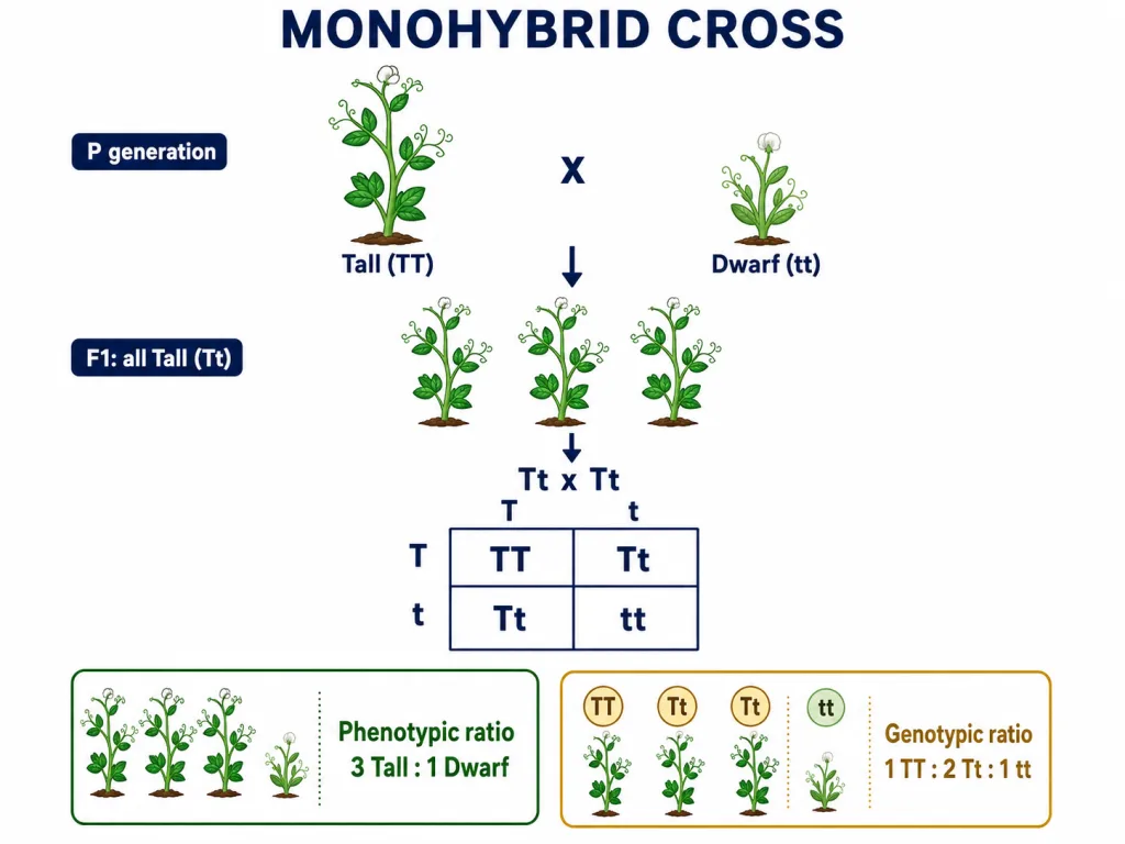 Monohybrid cross Tt x Tt Punnett square giving 3:1 phenotypic and 1:2:1 genotypic ratio