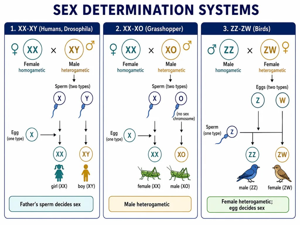 Sex determination systems XX-XY, XX-XO and ZZ-ZW compared across humans, grasshoppers and birds