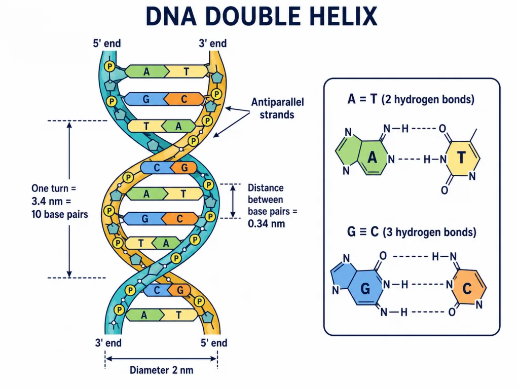 DNA double helix showing antiparallel strands and A-T, G-C complementary base pairing