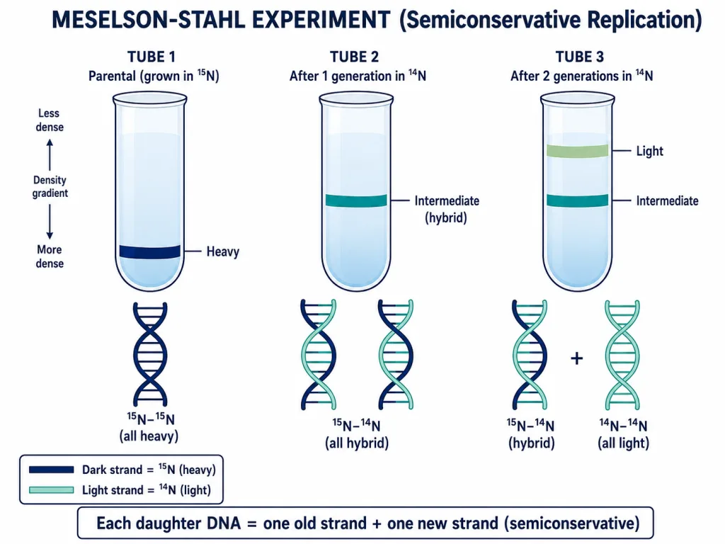 Meselson-Stahl experiment showing semiconservative DNA replication using heavy and light nitrogen