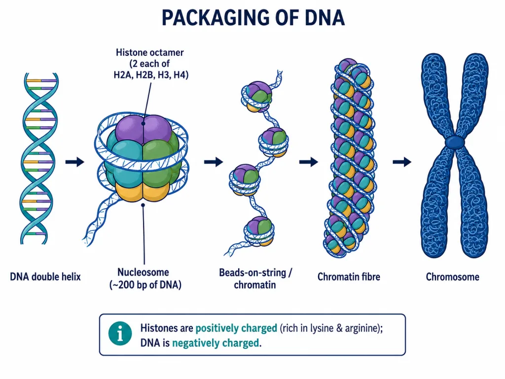 DNA wrapped around a histone octamer forming a nucleosome and beads-on-string chromatin