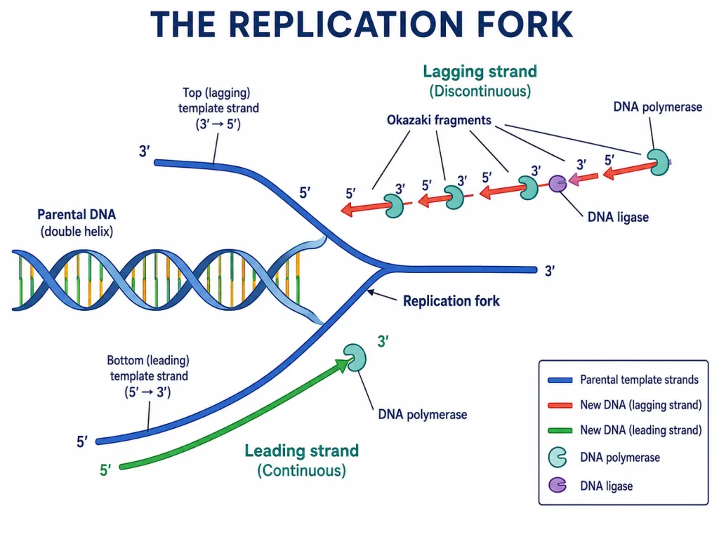 Replication fork showing leading strand, lagging strand, Okazaki fragments, DNA polymerase and ligase
