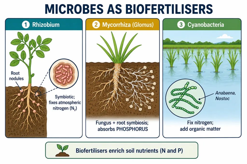 Biofertilisers: Rhizobium root nodules, mycorrhiza absorbing phosphorus, and nitrogen-fixing cyanobacteria