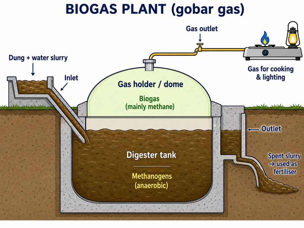 Biogas plant showing dung slurry, digester tank, floating gas holder and gas outlet