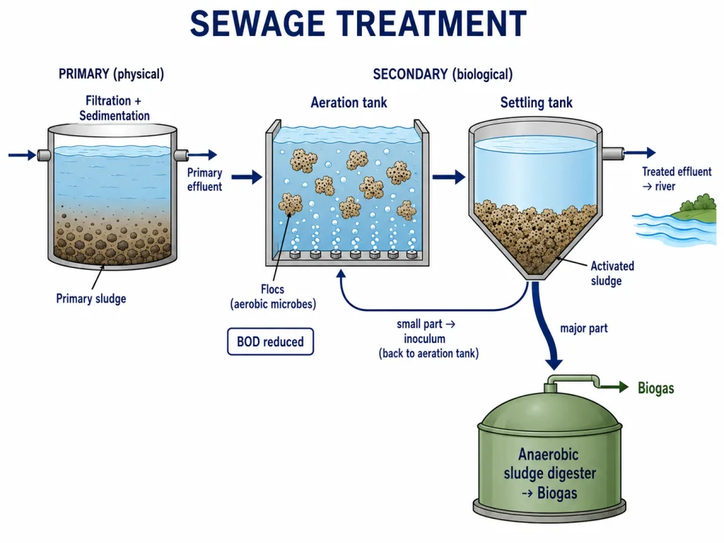 Sewage treatment flow: primary sedimentation, secondary aeration with flocs, settling and anaerobic digester