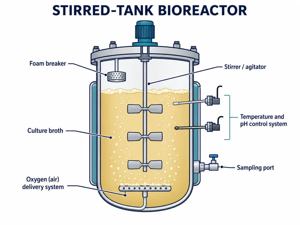 Stirred-tank bioreactor with stirrer, oxygen delivery, foam control, temperature and pH control, sampling port