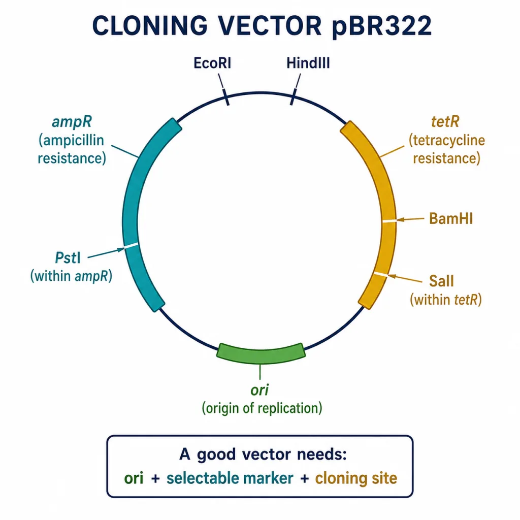 pBR322 plasmid map: origin of replication, ampicillin and tetracycline resistance genes, restriction sites