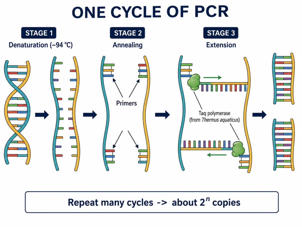 PCR cycle: denaturation separates strands, primers anneal, Taq polymerase extends new strands