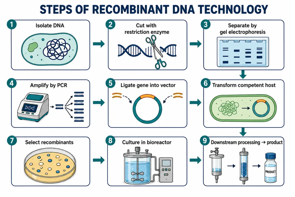 Recombinant DNA workflow: isolate DNA, cut, ligate into vector, transform host, culture, extract product