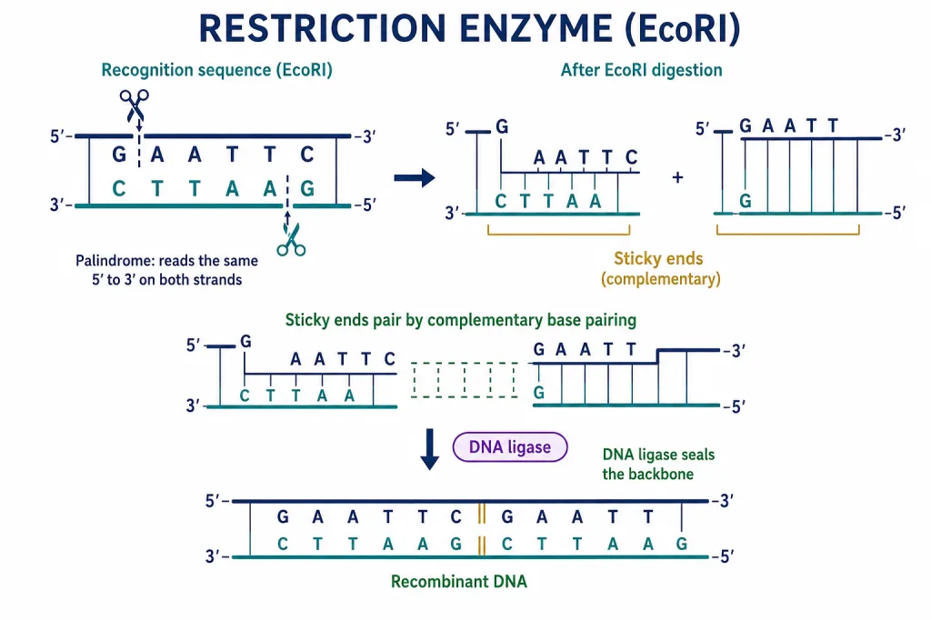 EcoRI cutting a palindromic DNA site to leave complementary sticky ends joined by ligase