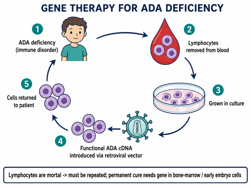 ADA gene therapy: lymphocytes get functional ADA cDNA via retroviral vector, returned to patient