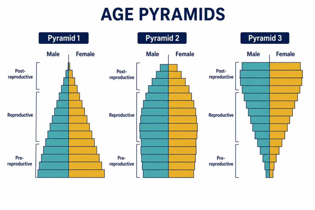 Three human age pyramids drawn side by side