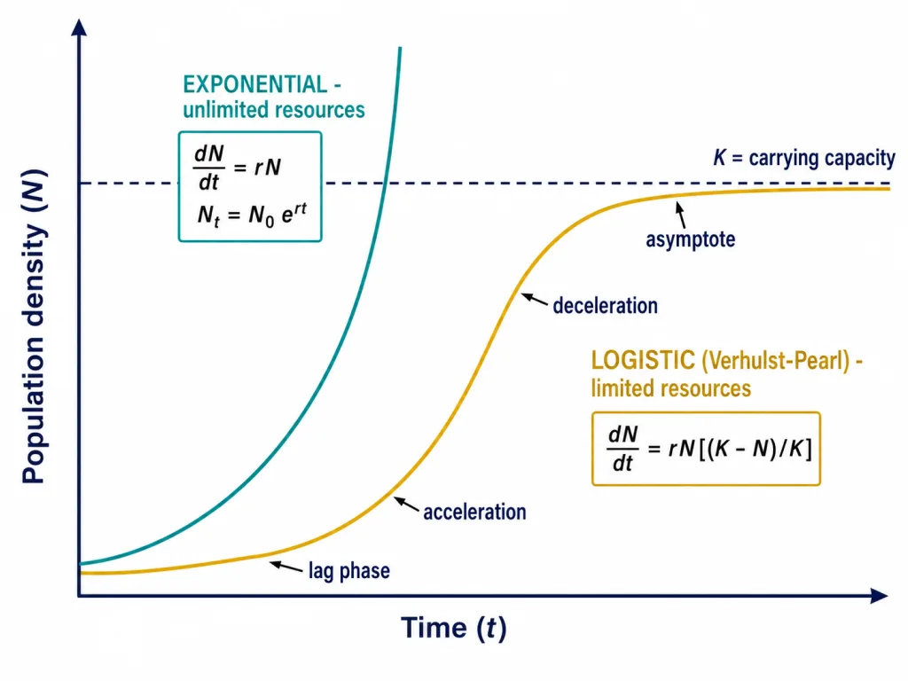J-shaped exponential curve versus S-shaped logistic curve with carrying capacity K