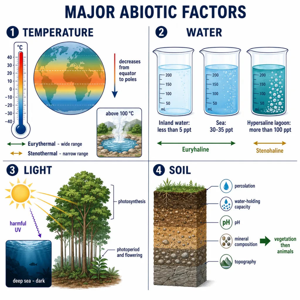 Temperature, water, light and soil shape where organisms can live