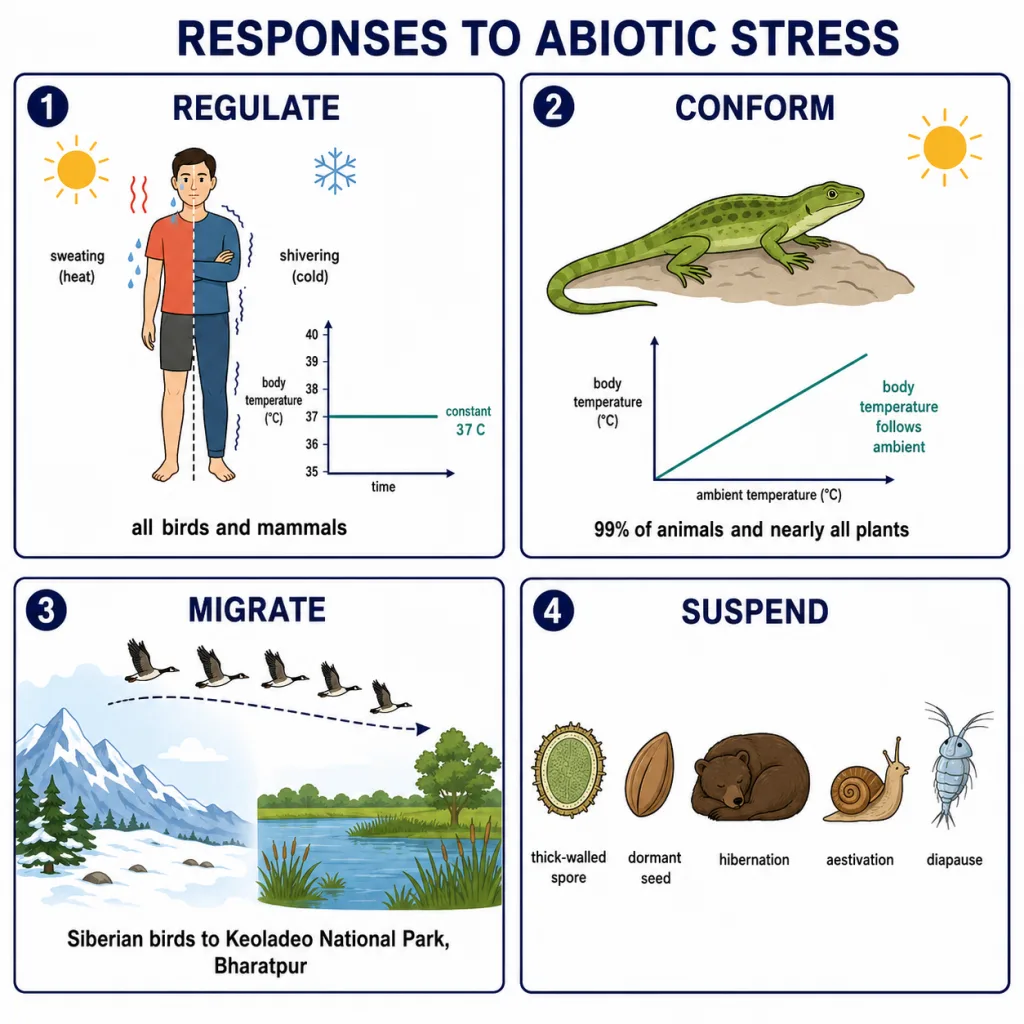 Four responses to stress: regulate, conform, migrate and suspend, with examples