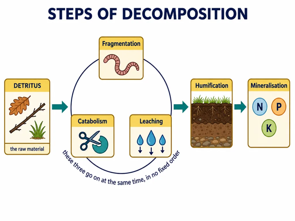 Detritus broken down through fragmentation, leaching, catabolism, humification and mineralisation
