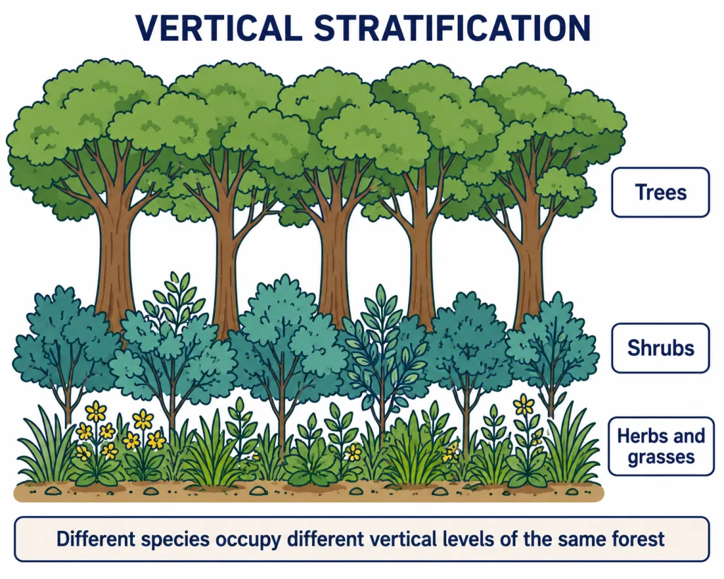 Trees, shrubs and herbs occupy three vertical layers of a forest