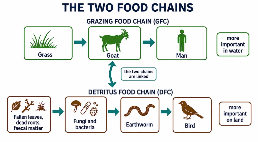 Grazing food chain from producers and detritus food chain from dead matter