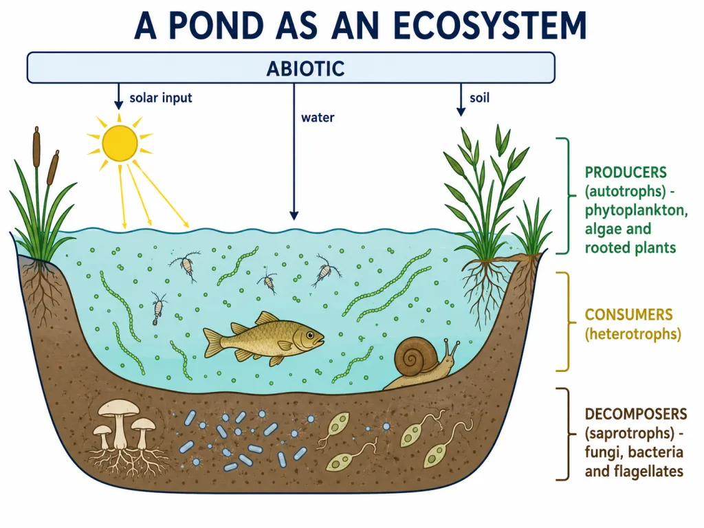Producers, consumers and decomposers in a shallow pond ecosystem