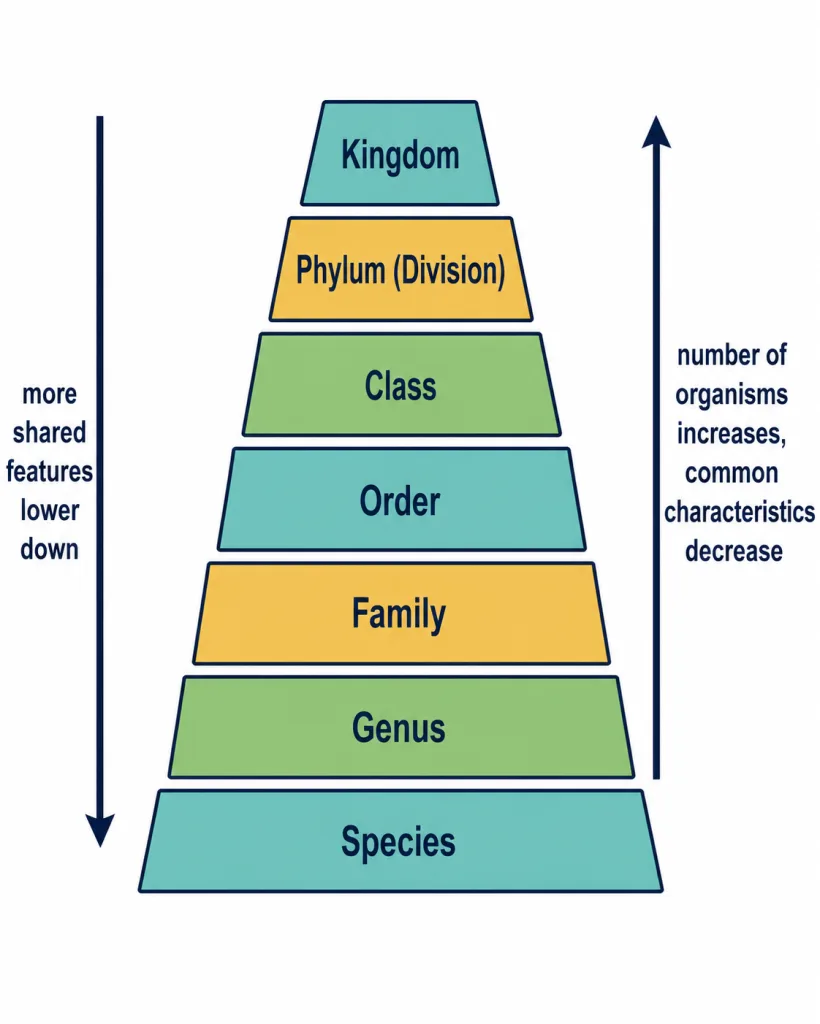 Vertical hierarchy of taxonomic categories from species up to kingdom