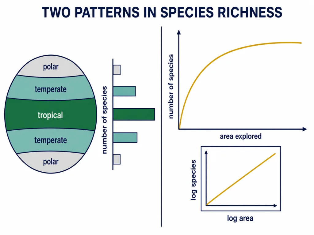 Species richness falls from equator to poles and rises with area