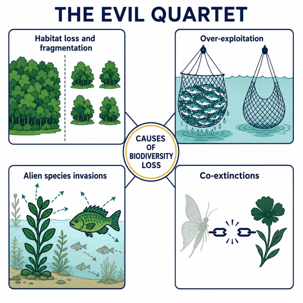 Four causes of biodiversity loss shown as four linked panels