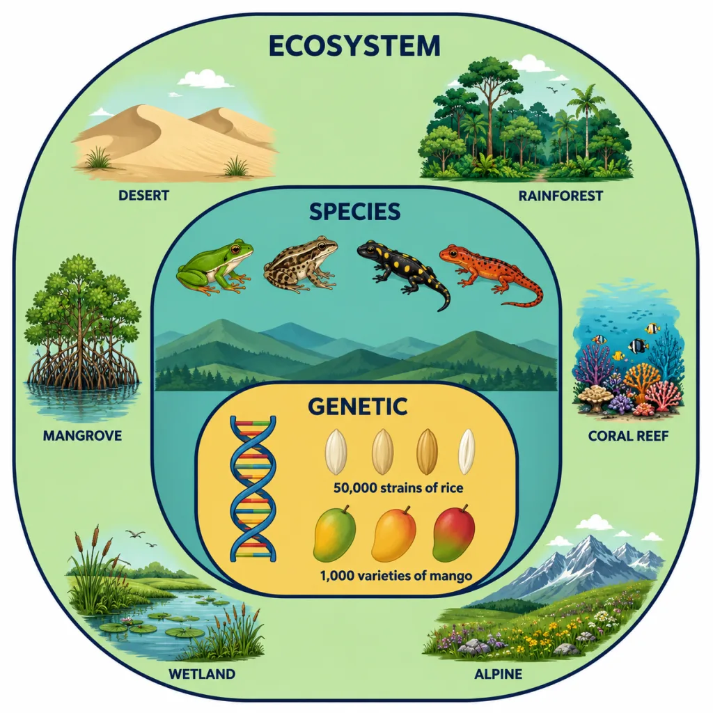 Genetic, species and ecosystem diversity shown as three nested levels