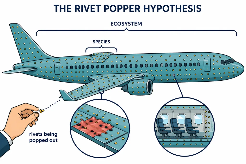 An aeroplane losing rivets illustrates species loss weakening an ecosystem