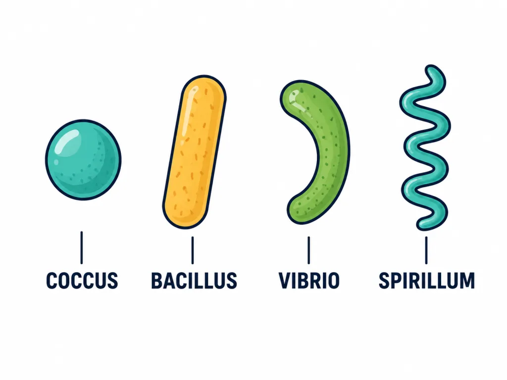The four bacterial shapes: coccus, bacillus, vibrio and spirillum