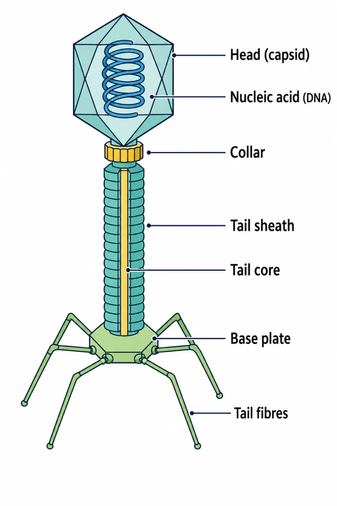 Labelled structure of a bacteriophage with head, sheath, base plate and tail fibres