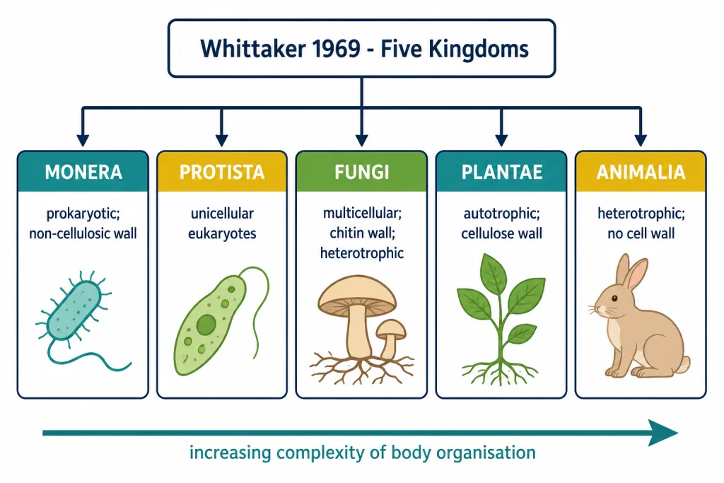 Whittaker five kingdom classification: Monera, Protista, Fungi, Plantae, Animalia